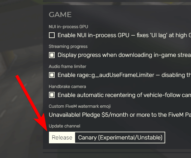 FiveM client settings release channel selector