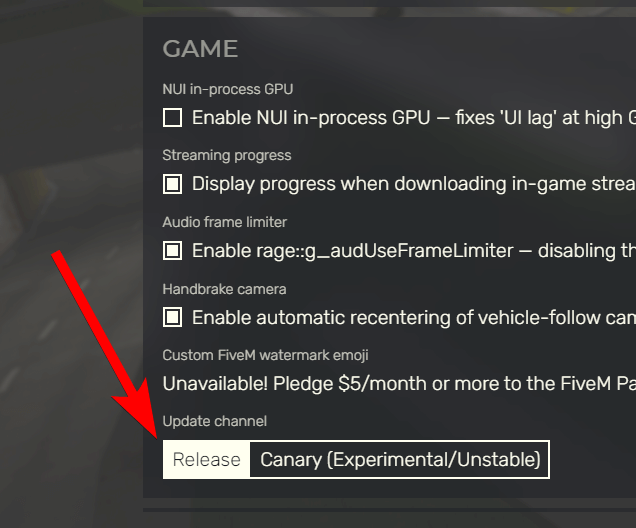 The release channel option is located under "Game" on the settings page.